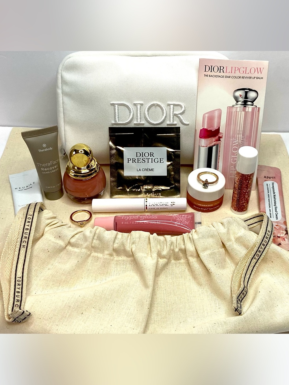 Dior White Cosmetic Pouch beauty items w Tory dust bag 14 pcs total - Picture 2 of 5
